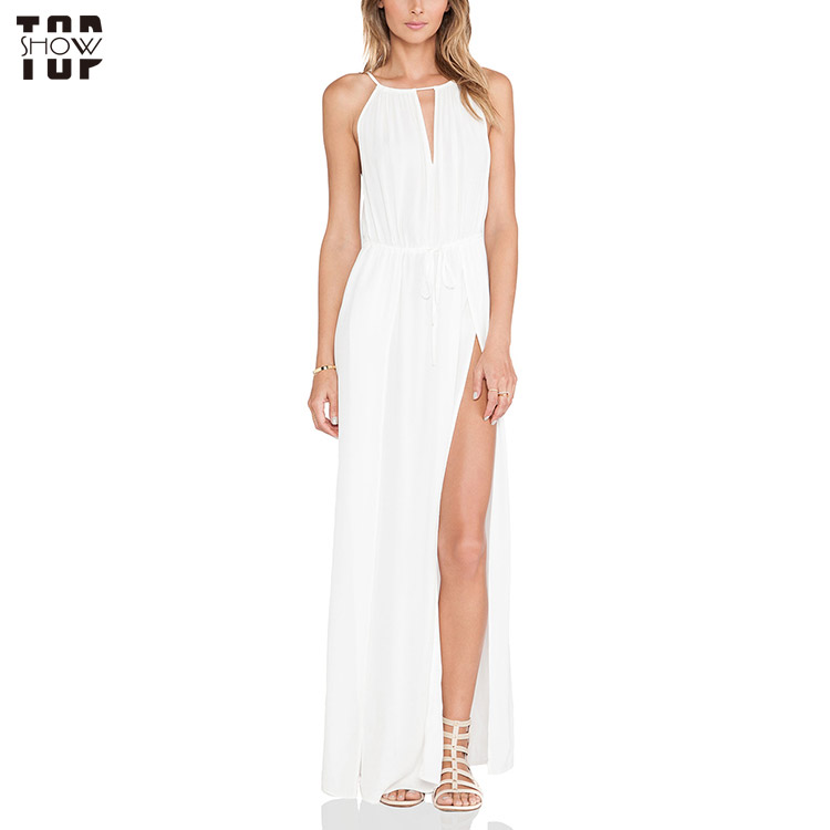 Wholesale white front neckline keyhole high slit maxi dress for women