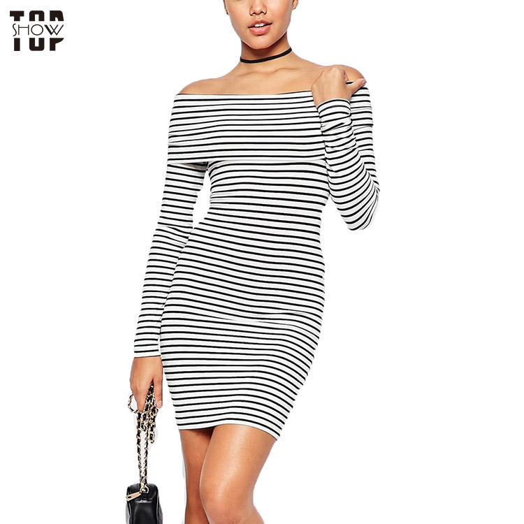China manufacturer striped off the shoulder bodycon mini dress for women