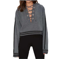 Top fashion lace- up oversized womens hooded jackets for ladies cropped hoodie